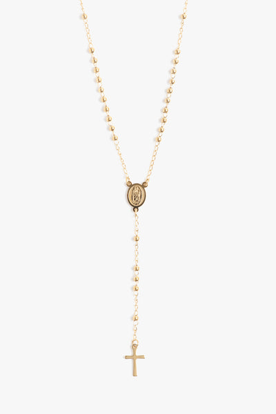 Marrin Costello Jewelry Ally Rosary functional for prayer beaded lariat with lobster clasp closure. Waterproof, sustainable, hypoallergenic. 14k gold plated stainless steel.