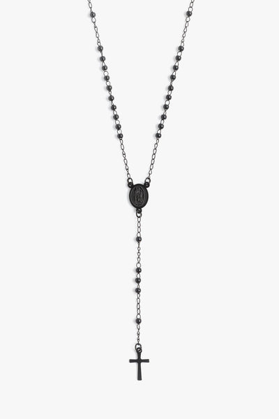 Marrin Costello Jewelry Ally Rosary functional for prayer beaded lariat with lobster clasp closure. Waterproof, sustainable, hypoallergenic. Black enamel plated stainless steel.