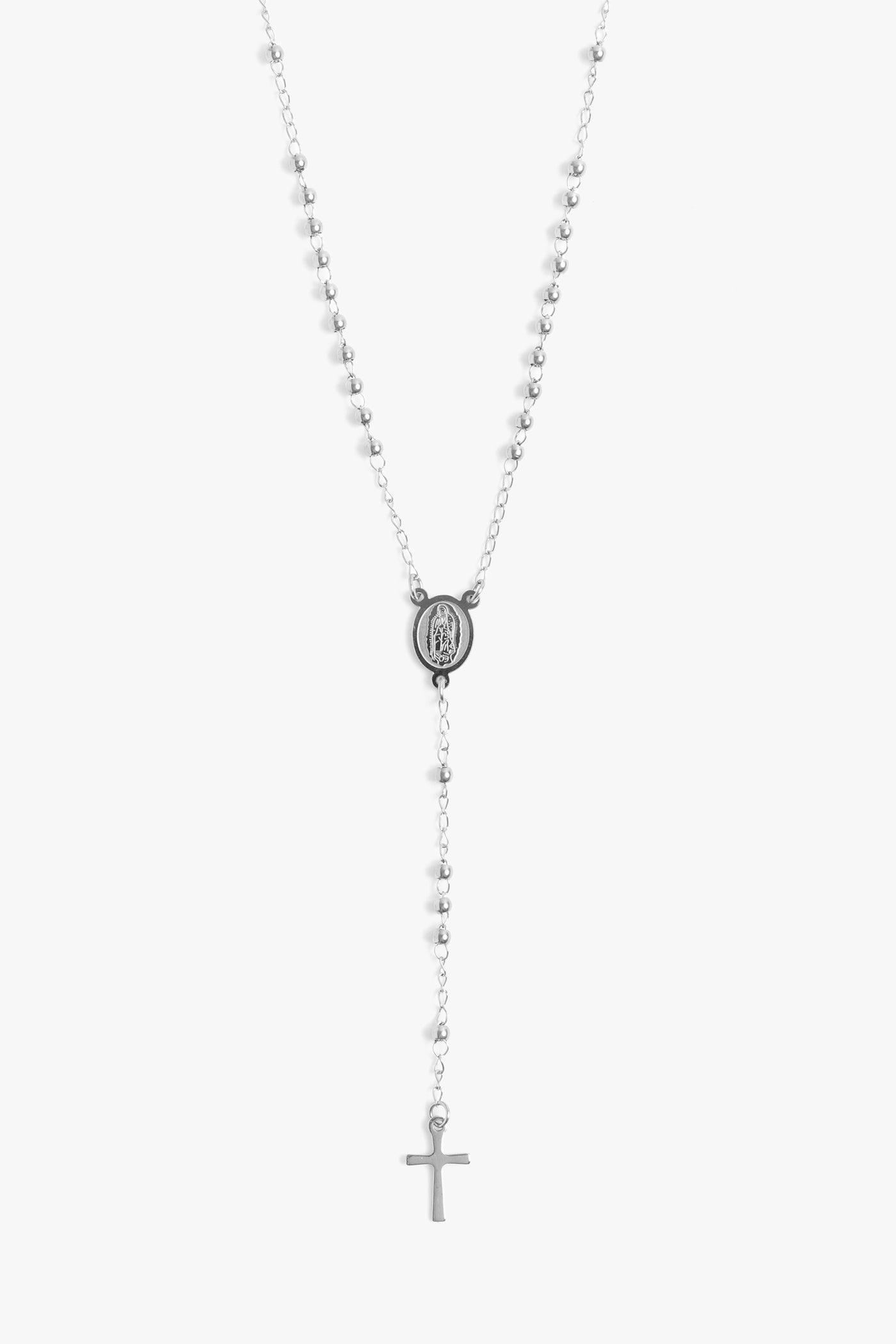 Marrin Costello Jewelry Ally Rosary functional for prayer beaded lariat with lobster clasp closure. Waterproof, sustainable, hypoallergenic. Polished stainless steel.