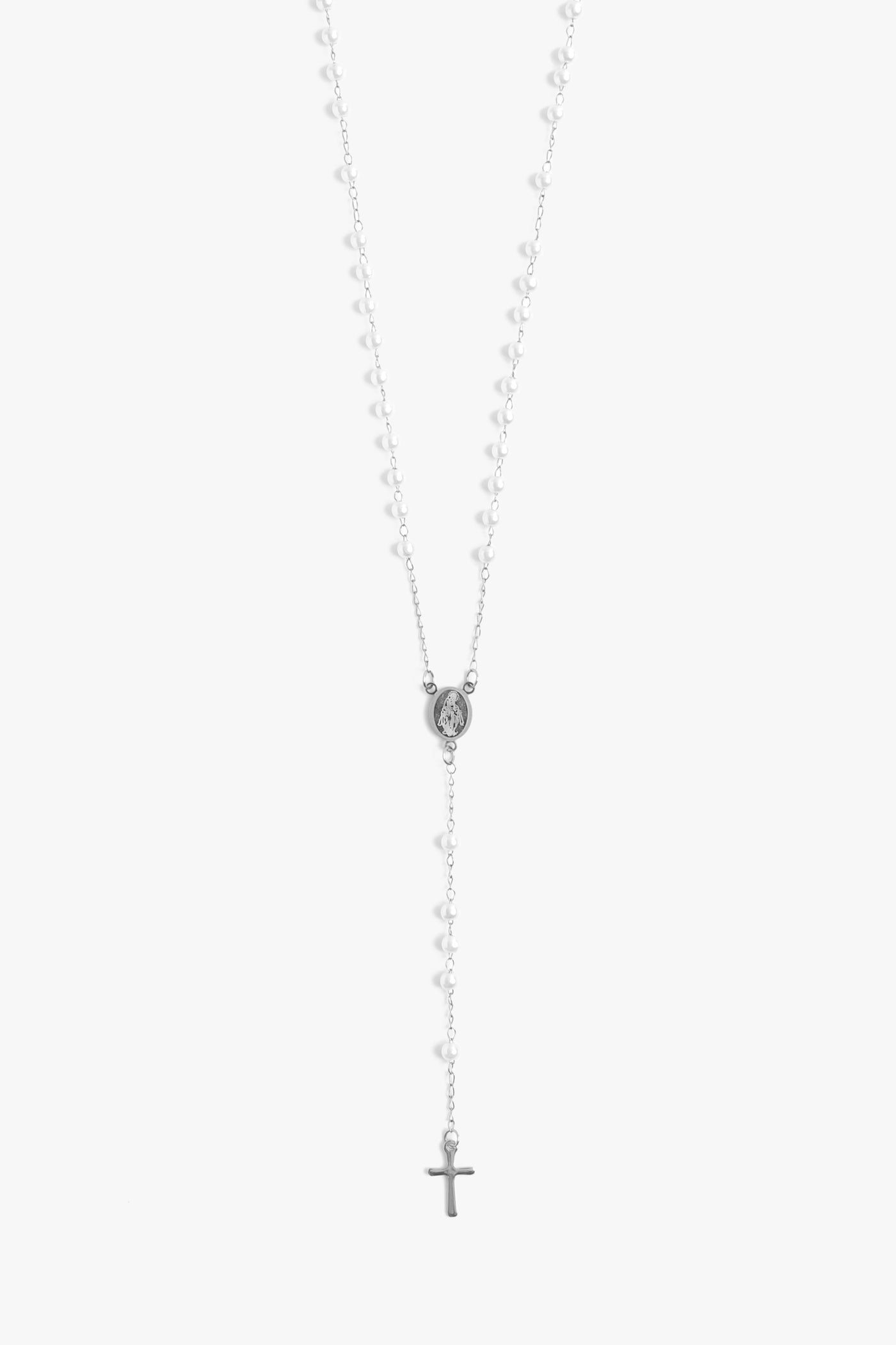 Marrin Costello Jewelry Estelle Rosary with pearls as functional prayer beads with lobster clasp closure and lariat drop. Waterproof, sustainable, hypoallergenic. Polished stainless steel.