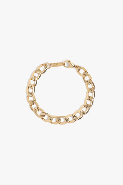 Marrin Costello Jewelry Kings Bracelet flat cuban link chain bracelet with lobster clasp closure. Waterproof, sustainable, hypoallergenic. 14k gold plated stainless steel.