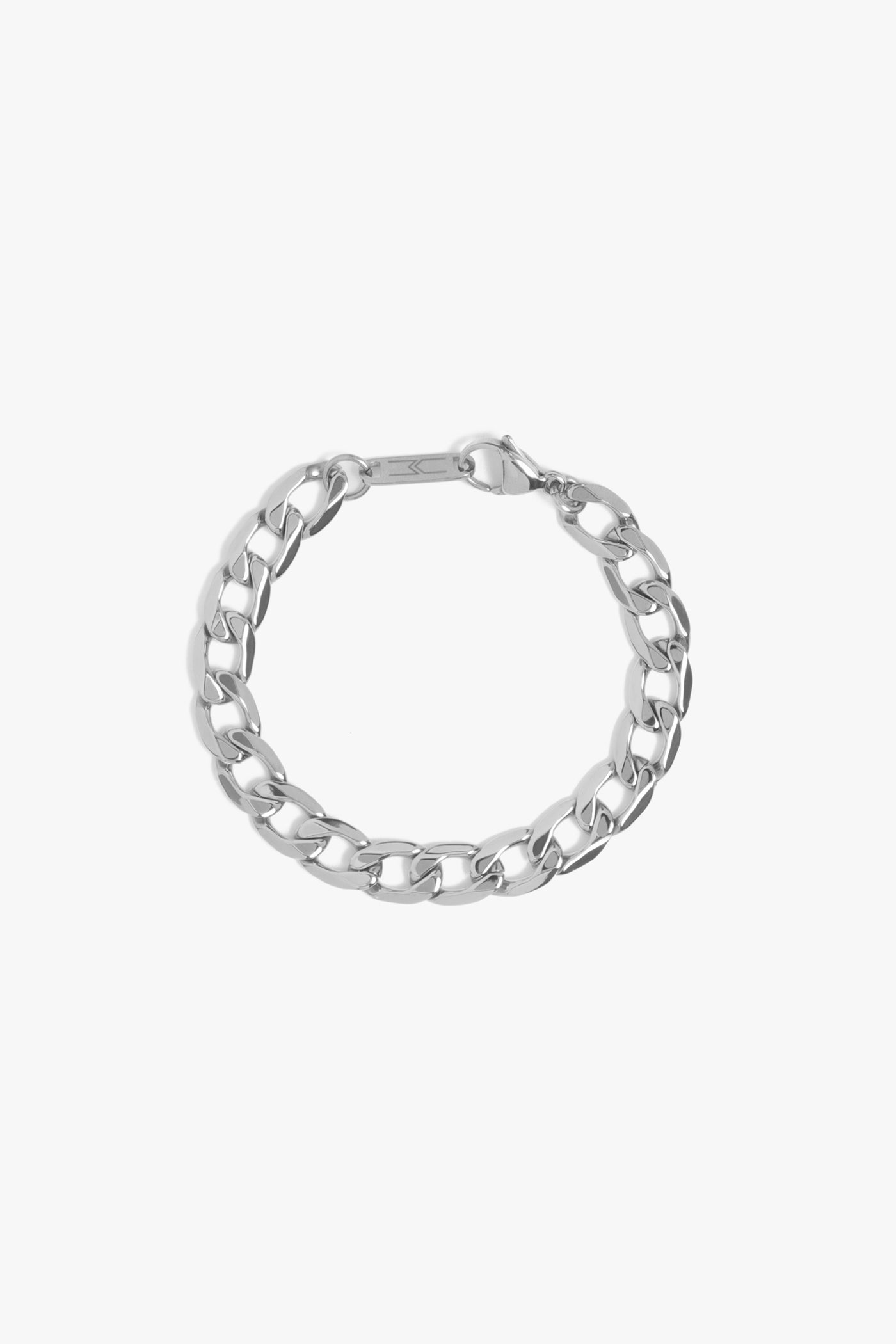 Marrin Costello Jewelry Kings Bracelet flat cuban link chain bracelet with lobster clasp closure. Waterproof, sustainable, hypoallergenic. Polished stainless steel.