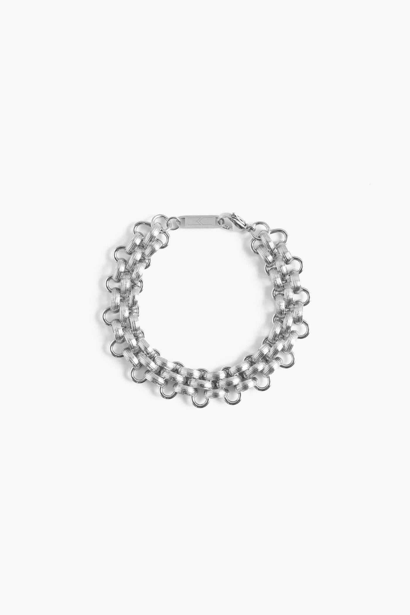Marrin Costello Jewelry Lattice XL Bracelet woven chain bracelet with lobster clasp closure. Waterproof, sustainable, hypoallergenic. Polished stainless steel.