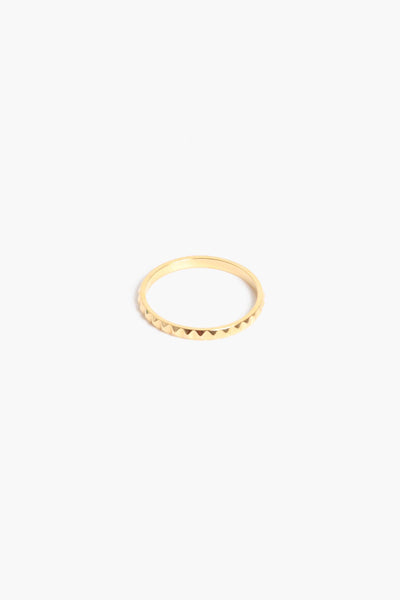 Marrin Costello Jewelry Melrose Band studded edgy stacking ring. Available in sizes 6, 7, 8. Waterproof, sustainable, hypoallergenic. 14k gold plated stainless steel.