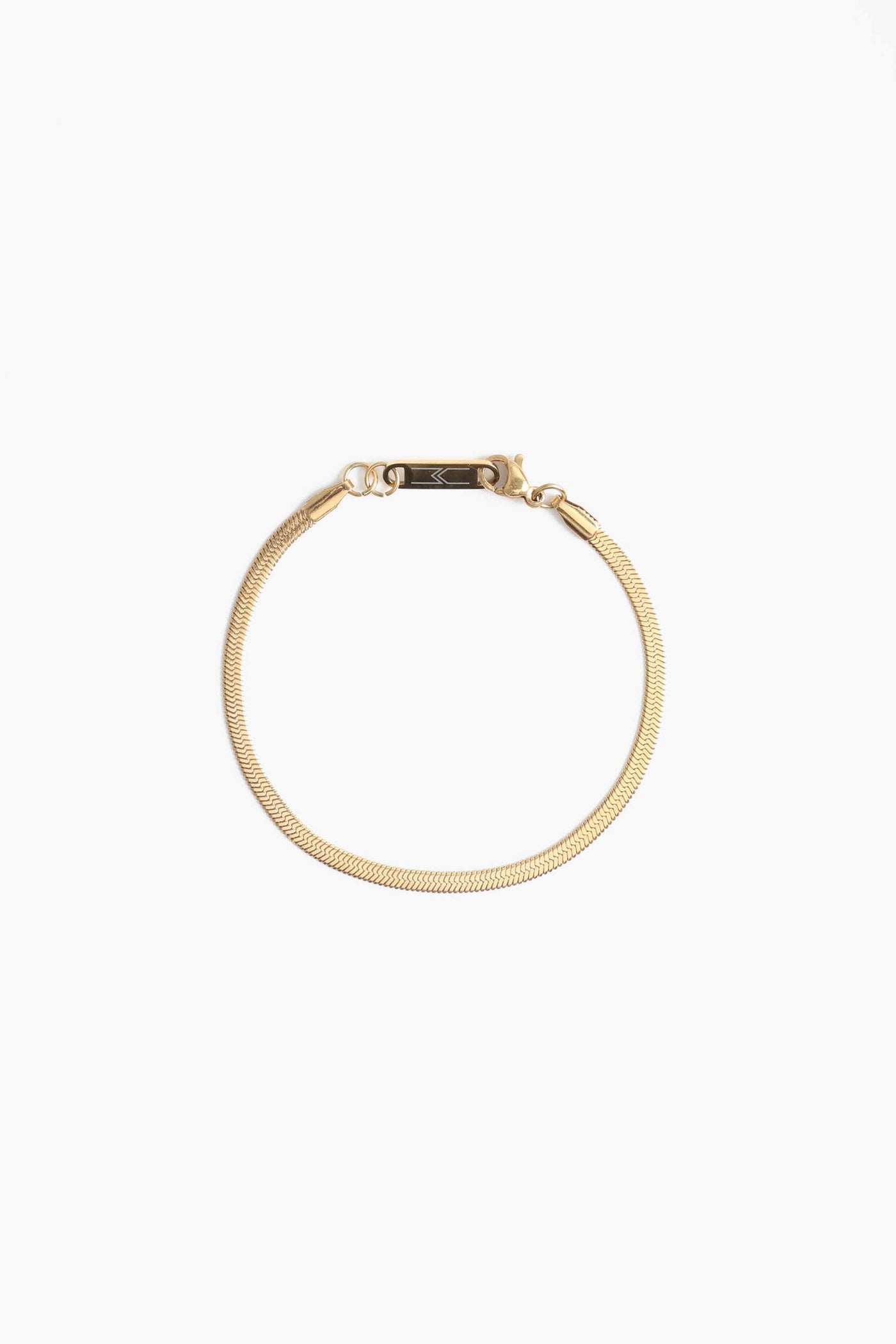 Marrin Costello Jewelry 3mm thick herringbone snake chain bracelet with lobster clasp closure. Waterproof, sustainable, hypoallergenic. 14k gold plated stainless steel.