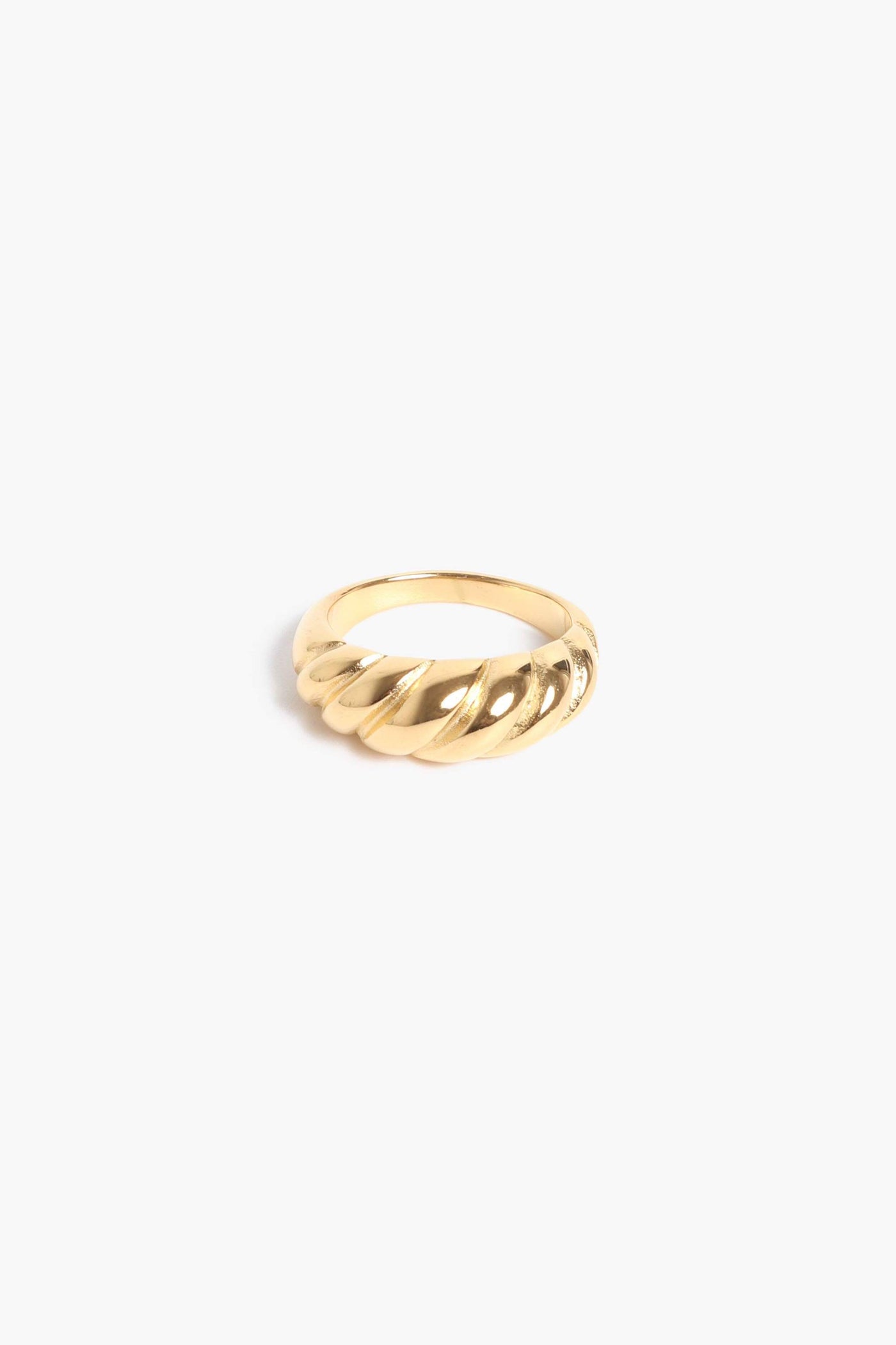 Marrin Costello Jewelry Rita Ring croissant crescent classic statement ring. Available in sizes 6, 7, 8. Waterproof, sustainable, hypoallergenic. 14k gold plated stainless steel.