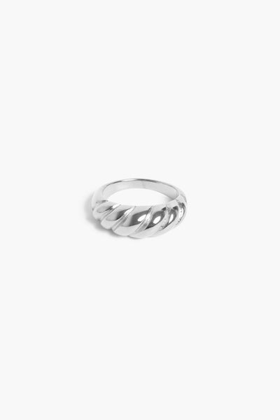 Marrin Costello Jewelry Rita Ring croissant crescent classic statement ring. Available in sizes 6, 7, 8. Waterproof, sustainable, hypoallergenic. Polished stainless steel.