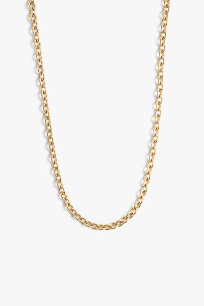 Marrin Costello Jewelry Mica Chain round link chain with lobster clasp closure and extender. Waterproof, sustainable, hypoallergenic. 14k gold plated stainless steel.