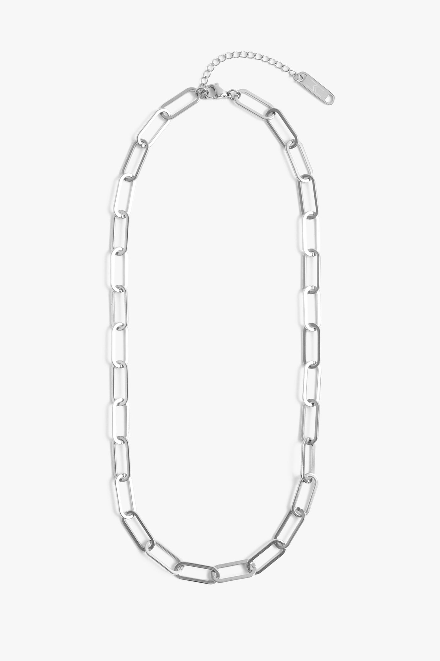 Marrin Costello Jewelry Ochse Chain paperclip chain necklace with lobster clasp closure and extender. Waterproof, sustainable, hypoallergenic. Polished stainless steel.