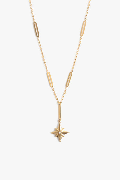 Marrin Costello Jewelry Orion Lariat drop neckalce with star pendant, lobster clasp closure and extender. Waterproof, sustainable, hypoallergenic. 14k gold plated stainless steel.