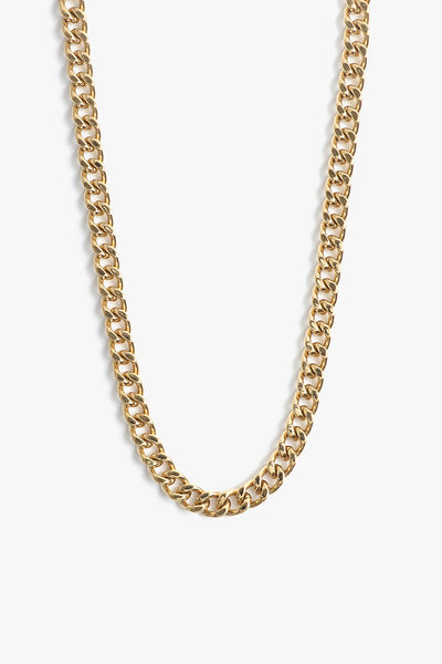 Marrin Costello Jewelry Queens Chain chunky statement cuban link chain necklace with lobster clasp closure. Waterproof, sustainable, hypoallergenic. 14k gold plated stainless steel.