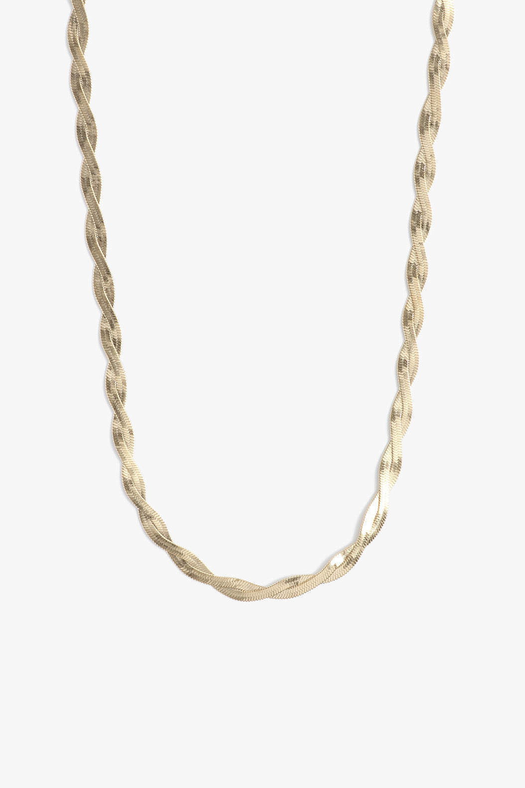 Marrin Costello Jewelry Ramsey Twist Chain snake herringbone chain braided together with lobster clasp closure and extender. Waterproof, sustainable, hypoallergenic. 14k gold plated stainless steel.
